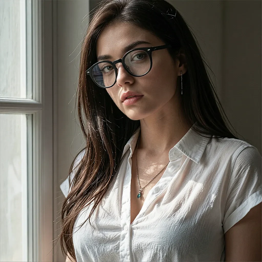 Brunette woman with black-rimmed glasses in a white blouse, daylight by a window, pendant necklace