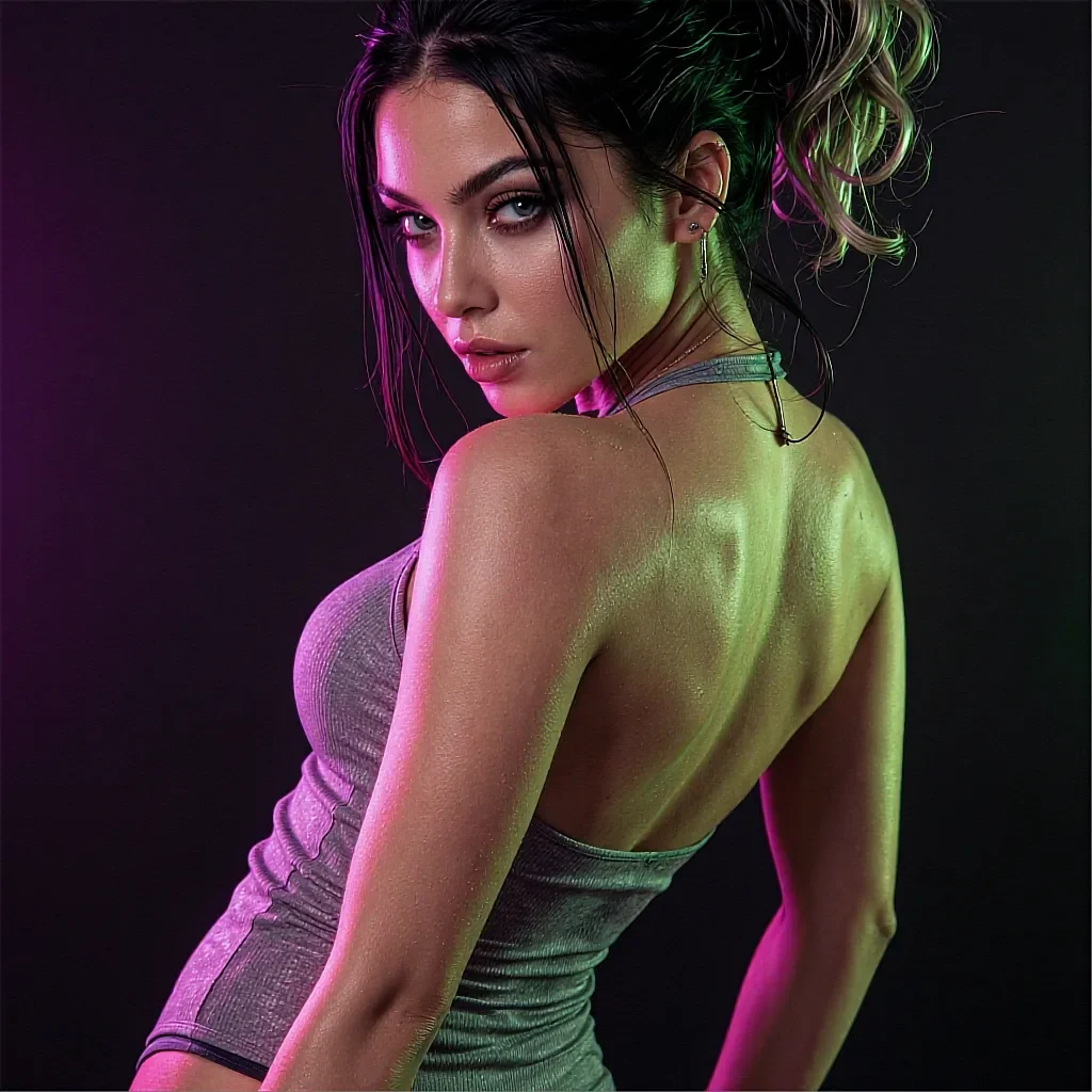 Woman with dark updo looking over her shoulder in a gray halter top under pink and green neon light