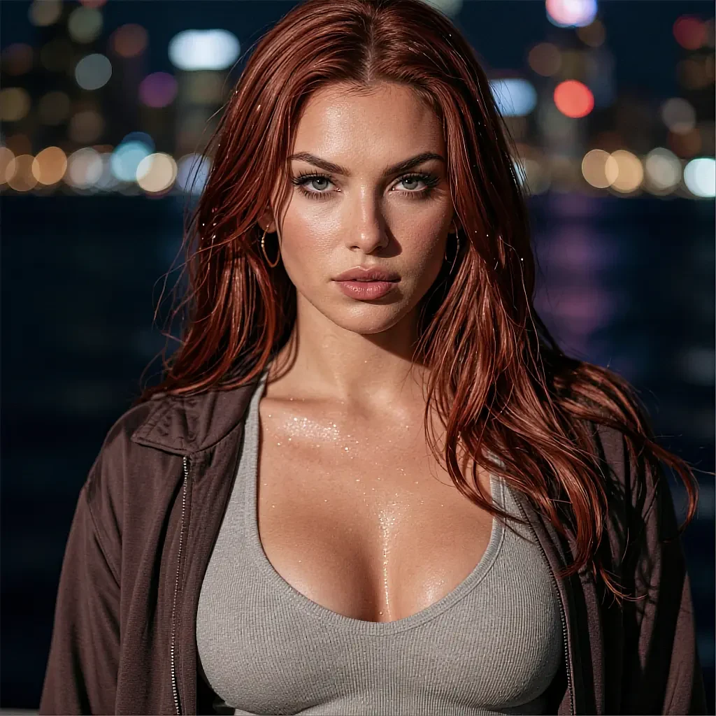 Red-haired woman in a gray tank top and open hoodie with blurred city lights at night behind her