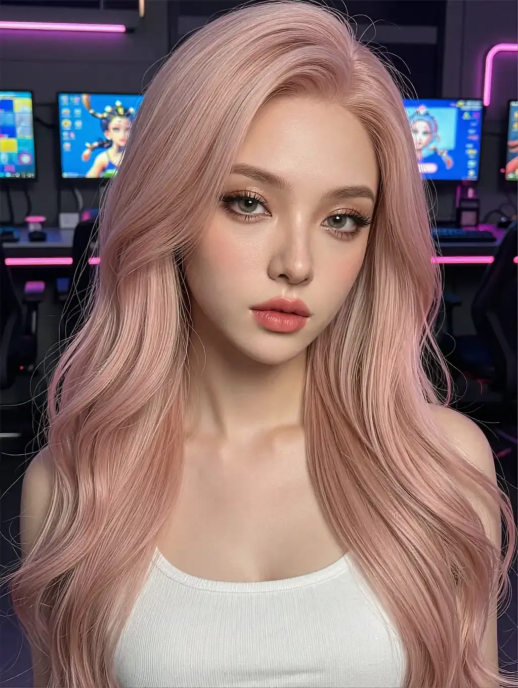 Woman with long rose-pink hair in a white tank top, gaming monitors glowing purple behind her