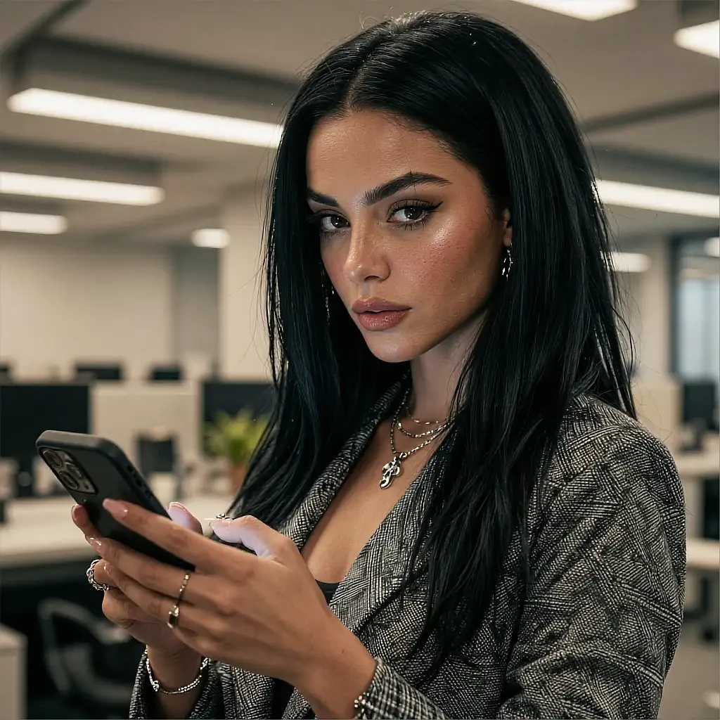 Black-haired woman in a gray plaid blazer holding a phone in a fluorescent-lit office space