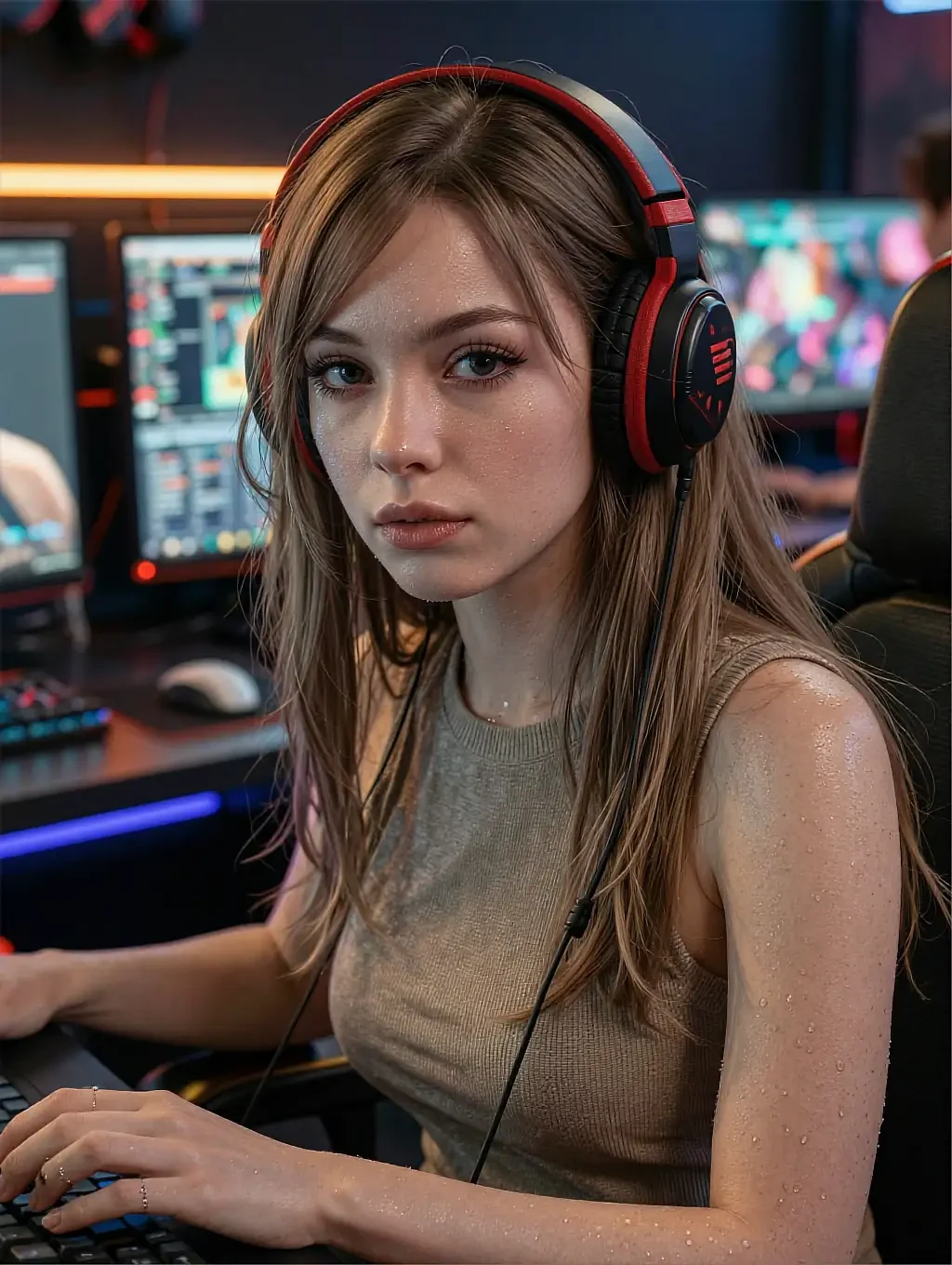 Light-brunette woman wearing red-black gaming headphones and a beige knit top at a multi-monitor desk