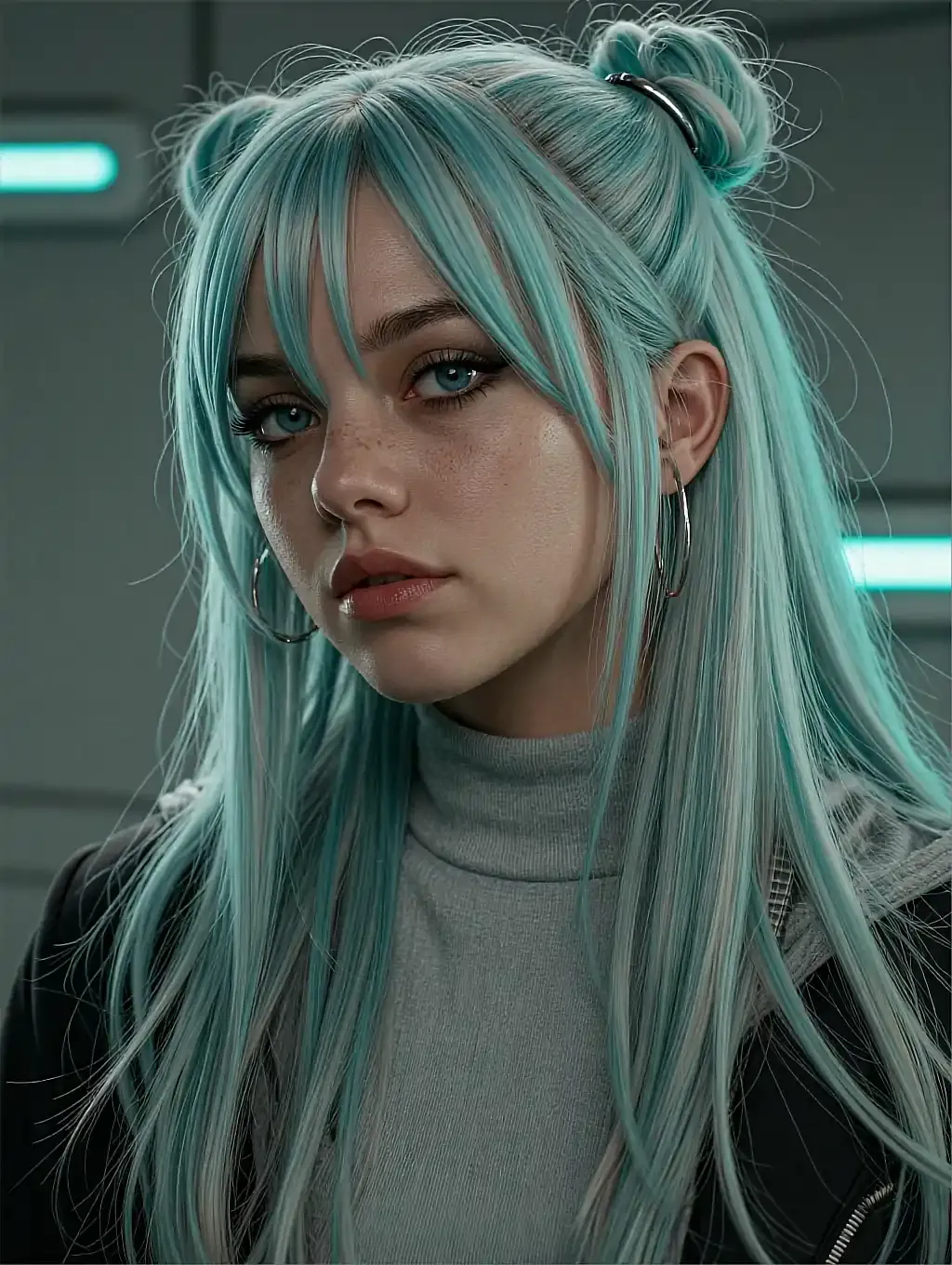 Woman with long mint-teal hair and bangs in a gray turtleneck with silver hoop earrings, teal-lit backdrop