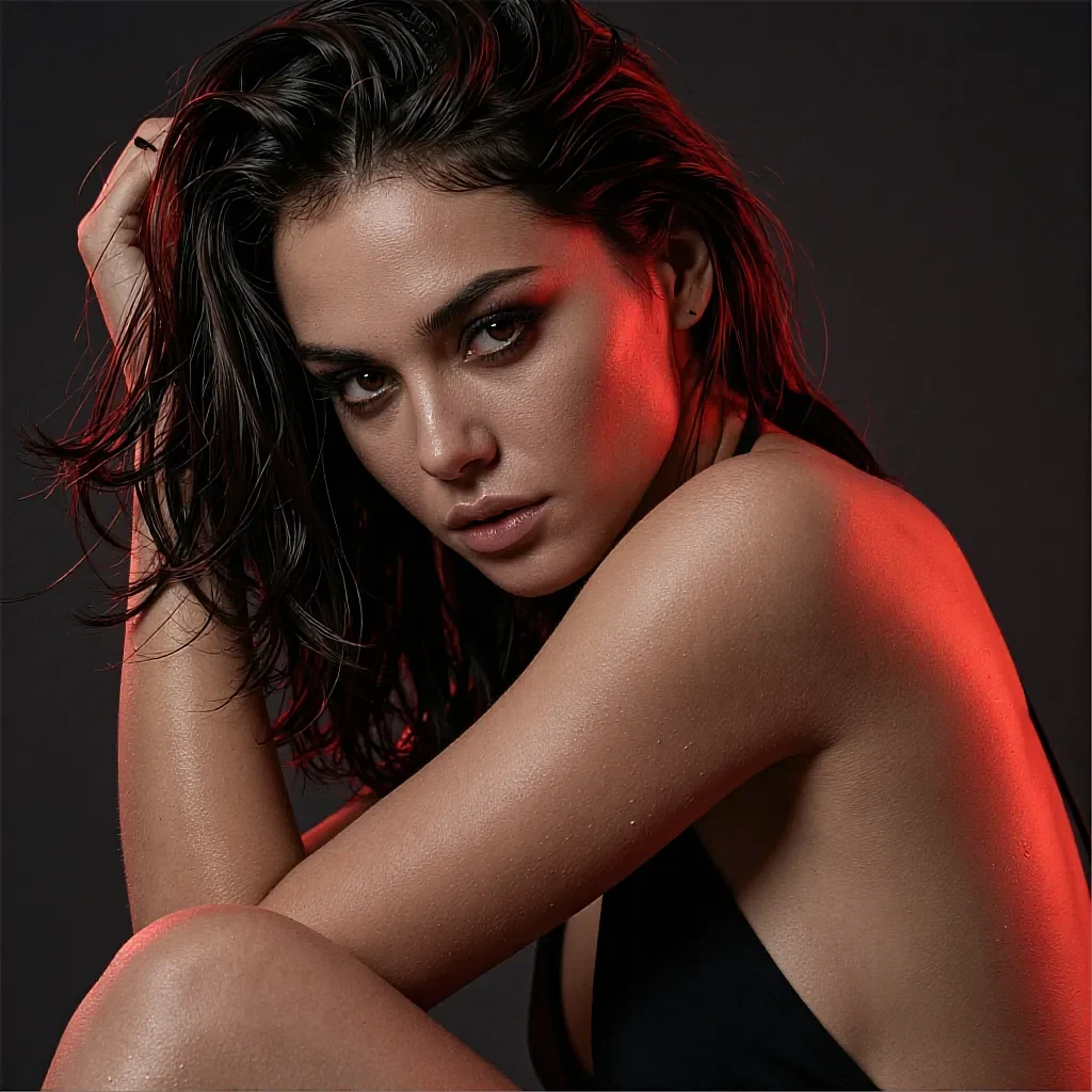 Woman with short wet dark hair in black, curled-up pose lit by red accent light on a dark background